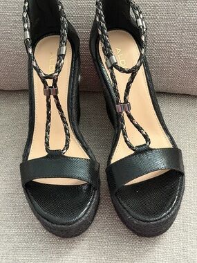 ALDO Black Braided T-Strap Platform Sandals with Metallic Accents